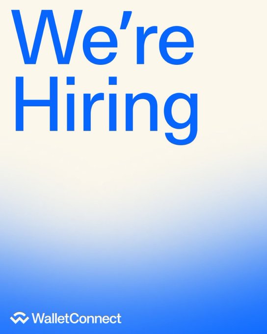 The image features a "We're Hiring" announcement from WalletConnect, with bold blue text on a gradient white-to-blue background and the WalletConnect logo at the bottom. It serves as the visual header for their job posting seeking a Communications Manager with 3-5 years of experience in comms, PR, and earned media coverage.