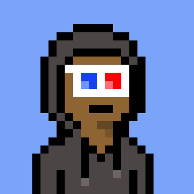 A pixel art portrait of a figure with dark skin wearing 3D glasses (one blue, one red lens) against a light blue background.