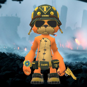 A stylized 3D character resembling an orange monkey wearing a black and yellow helmet and belt labeled 'TEDS', holding a golden gun and a coin in a ruined cityscape.