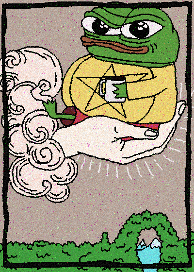 A cartoon illustration of Pepe the Frog with a smug expression, wearing a yellow shirt with a pentagram design, holding a mug, smoking a pipe, and floating among clouds with a castle and trees below.