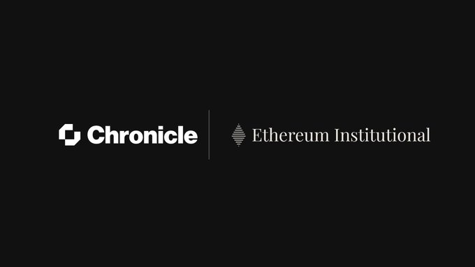 A black banner displays the white "Chronicle" logo alongside the "Ethereum Institutional" logo, separated by a vertical line, visually reinforcing the partnership highlighted in the accompanying post about building verifiable data infrastructure for tokenized assets on Ethereum.