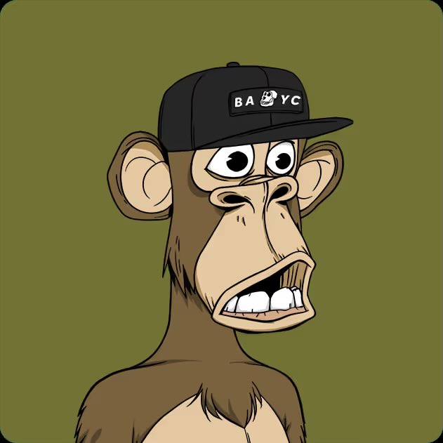 A cartoon monkey wearing a black cap marked “BAYC” looks alarmed against an olive-green background.