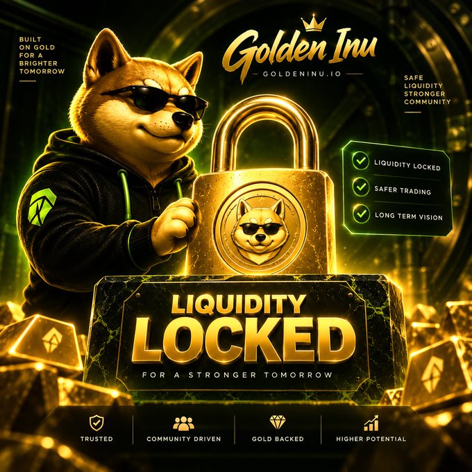 A promotional graphic for 'Golden Inu' (goldeninu.io) cryptocurrency, featuring a Shiba Inu dog in sunglasses standing next to a large gold padlock, with text including 'LIQUIDITY LOCKED', 'GOLD BACKED', and 'SAFE LIQUIDITY STRONGER COMMUNITY'.