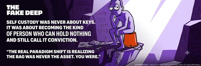 An illustration titled 'THE FAKE DEEP' depicting a purple figure sitting on an orange block among crypto-themed ruins, with text discussing self-custody and conviction, credited to '@LuckyOnChain'.