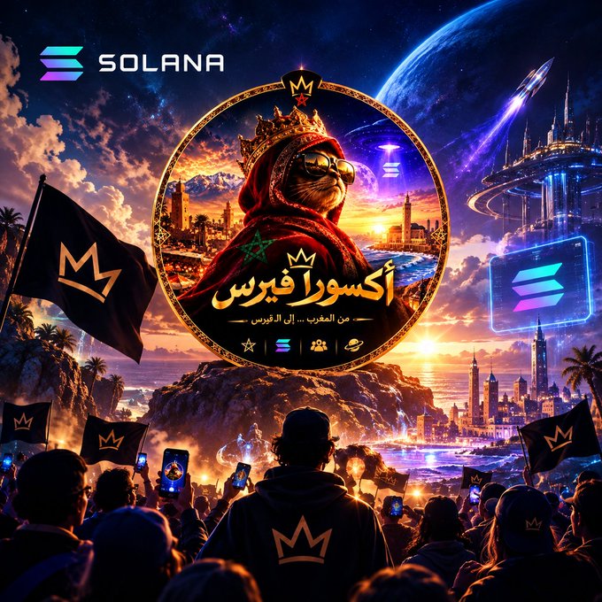 A stylized promotional graphic for Solana featuring a crowned otter character wearing sunglasses in the center, with Arabic text, flags, a crowd holding phones, and futuristic city skyline.