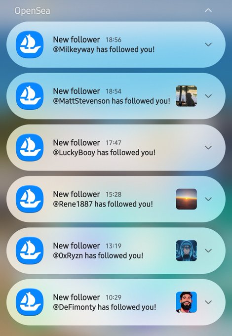 OpenSea mobile notification screen showing six new followers with usernames including @Milkeyway, @MattStevenson, @LuckyBooy, @Rene1887, @0xRyzn, and @DeFimonty, each with their profile images and timestamps.