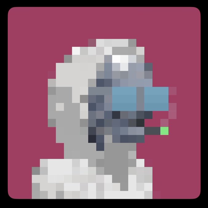 A pixelated profile illustration of a grey, robotic or alien head wearing a blue virtual reality headset against a maroon background.
