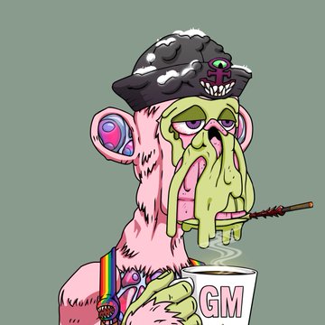 An illustration of a grotesque, melting pink and green creature with a rat on its head, holding a cup labeled "GM".