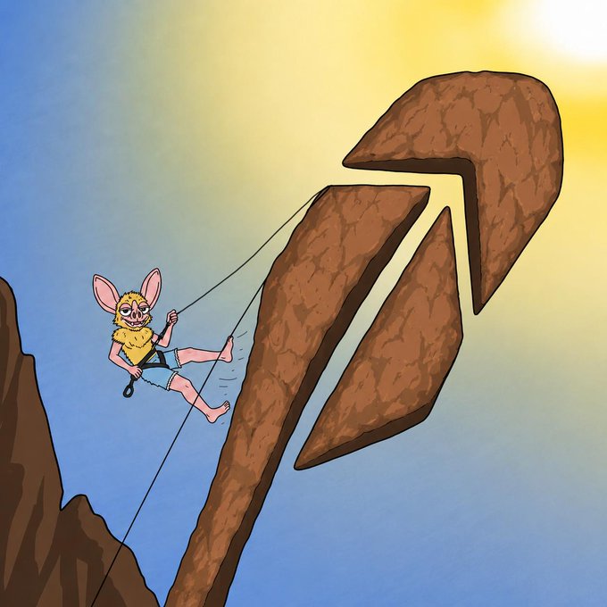 A cartoon creature with large ears rappels down a rocky cliff face, with a massive carved "Ape" logo (ApeCoin's symbol) shaped like an ape silhouette integrated into the rock formation, evoking climbing toward the iconic crypto emblem as a playful nod to the "gm hoodrats" greeting in meme/web3 culture.