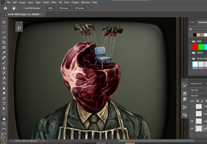 A surreal digital artwork displayed within a Photoshop interface, depicting a figure in a suit with a large anatomical heart for a head, topped with a small chair manipulated by disembodied hands.