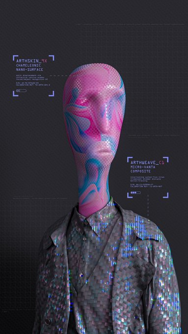 A mannequin-like figure with a pink and blue iridescent textured head and a metallic pixelated jacket is displayed against a dark grid background, annotated with technical readouts including "ARTHSKIN_v1 CHARLESENCE NANO-SURFACE" and "ARTHWEAVE_v2 MICROFIBER COMPOSITE." The image relates to the post by presenting it as a research and development showcase of synthetic skin and textile materials, credited to Transient Labs.