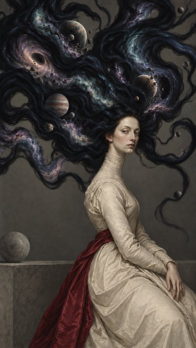 A surreal portrait painting of a woman in a cream Victorian dress with flowing hair transformed into a cosmic swirl containing planets, stars, and black holes.