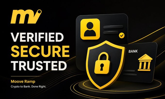 A promotional graphic for 'Moove Ramp' features the text 'VERIFIED SECURE TRUSTED' alongside a 3D shield with a lock, an ID card, and a bank card.