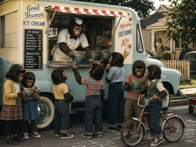 A surreal, vintage-style image shows a 'Good Humor Ice Cream' truck with a chimpanzee vendor serving ice cream to a group of young children dressed in 1980s clothing, with a bicycle and suburban houses in the background.