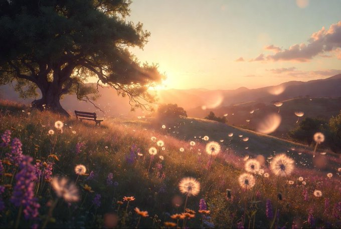 A serene, illustrated landscape at sunset featuring a large tree, a bench on a hill, and a meadow filled with dandelions and purple wildflowers.