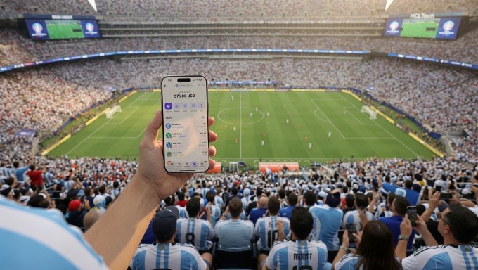 A hand holds up a smartphone displaying a live soccer match feed in the foreground, with a packed stadium featuring fans in blue and white striped jerseys watching the game on the field.