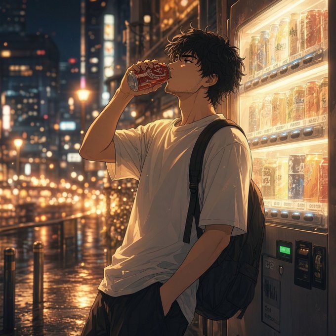 An anime-style young man with messy dark hair sips from a Coca-Cola can beside a glowing vending machine in a rain-slicked cityscape at night, capturing a reflective moment of pause. The image visually echoes the post's theme of an overlooked founder offering meaningful but unpopular insight, as his quiet, solitary drink mirrors the panel's search for substance over popularity.