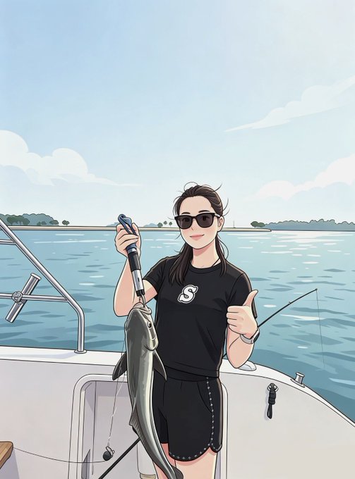 A woman on a boat holds up a freshly caught fish and gives a thumbs-up, wearing a black t-shirt with "S" on it, capturing the sea fishing experience at OKX Now's TOKEN2049 side event.