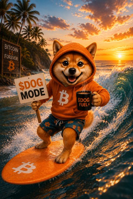 A digital illustration of a Shiba Inu dog surfing on a Bitcoin-logo surfboard at sunset, wearing an orange Bitcoin hoodie and holding a '$DOG MODE' sign and '$DOG FUEL' mug, with a 'BITCOIN 4EVER' sign in the background.