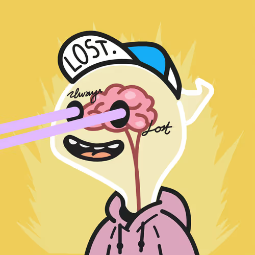 A cartoon illustration of a character with an exposed brain, wearing a 'LOST' cap and pink hoodie, getting its eyes poked out by two pink laser beams.
