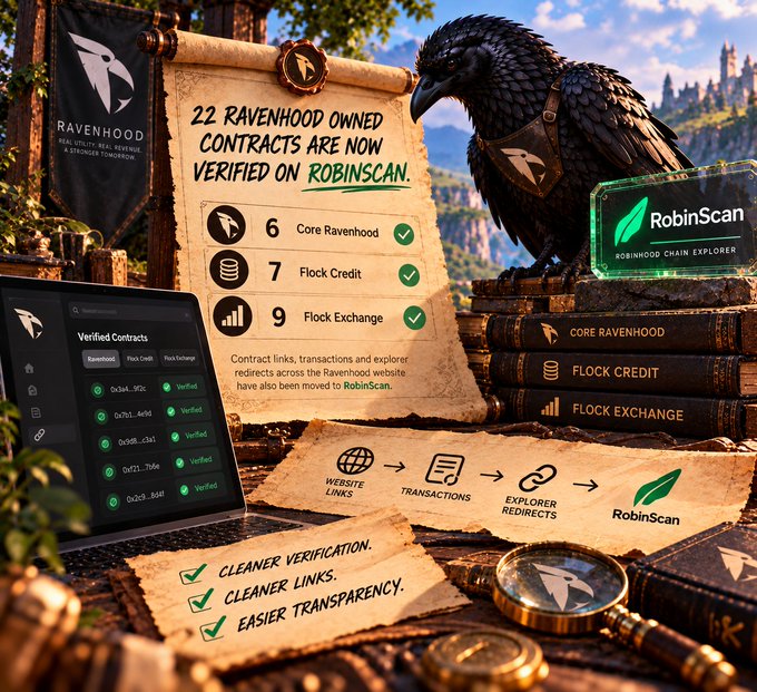 A promotional graphic for RobinScan features a black raven perched on books, alongside text stating '22 Ravenhood owned contracts are now verified on RobinScan' and icons for Core Ravenhood, Flock Credit, and Flock Exchange.