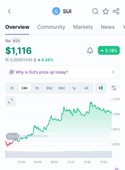 A mobile screenshot of a CoinMarketCap page showing SUI ranked #24 at $1.116, up 5.18% in the last 24 hours with a rising green price chart, reinforcing the bullish sentiment of the post "Imagine not being bullish on SUI."