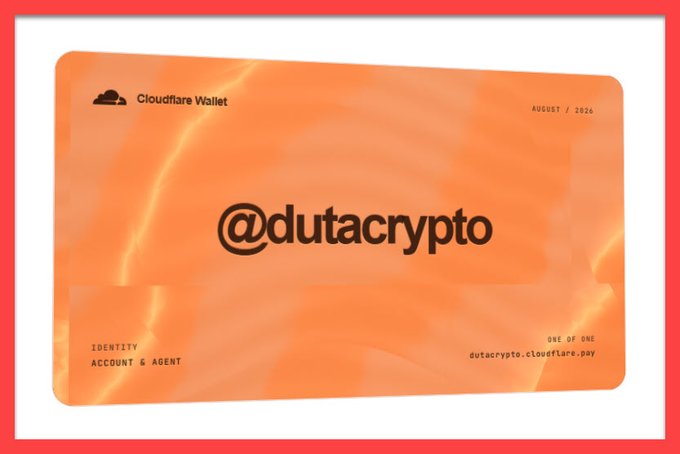 An orange Cloudflare Wallet card displays the reserved username "@dutacrypto" with an expiration date of August 2026 and a "ONE OF ONE" label, visually confirming the steps outlined in the post for claiming a free username on cloudflare.pay. The card's design and details suggest early adoption of Cloudflare's new wallet service, hinting at potential future airdrop opportunities.