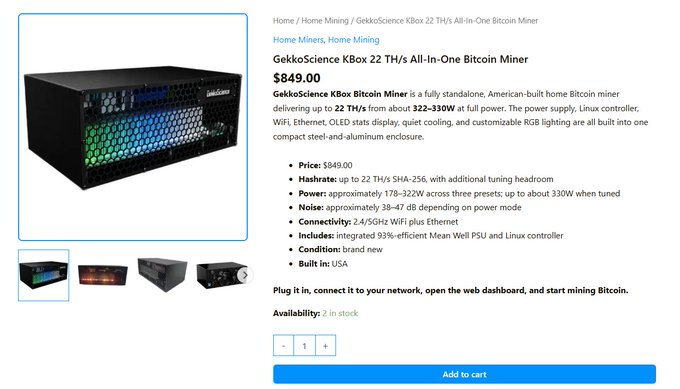 A product listing for the "GekkoScience KBox 22 TH/s All-In-One Bitcoin Miner" priced at $849.00, displaying specs like 2.4/5GHz WiFi connectivity and 93% efficiency.