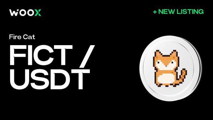 An announcement for WooX exchange showing a new listing for 'Fire Cat' (FICT/USDT) alongside a pixel art image of an orange cat.