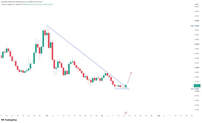 The image shows a daily candlestick chart for Fetch.ai (FET/USD on Binance) with a descending trendline (blue) and a horizontal resistance level being tested, where a small red arrow suggests a potential breakout above the trendline—aligning with the post's question about whether $FET is finally breaking out to rally higher.
