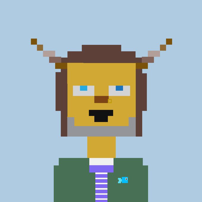 A pixel art character with yellow skin, blue eyes, brown hair, antlers, and a green jacket with a striped tie against a light blue background.