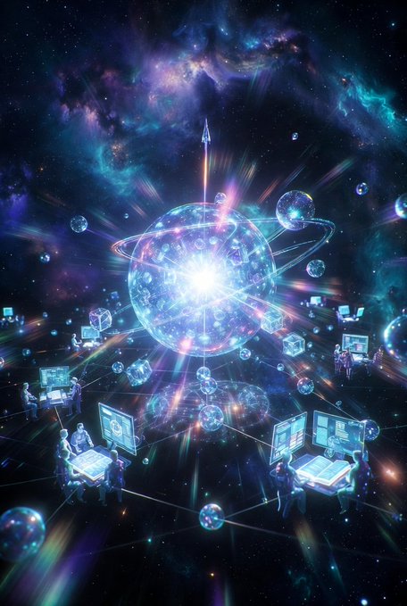 A vibrant cosmic digital artwork showing a glowing planet or energy sphere surrounded by smaller orbs, with figures at computer terminals connected by lines in a space-like environment.