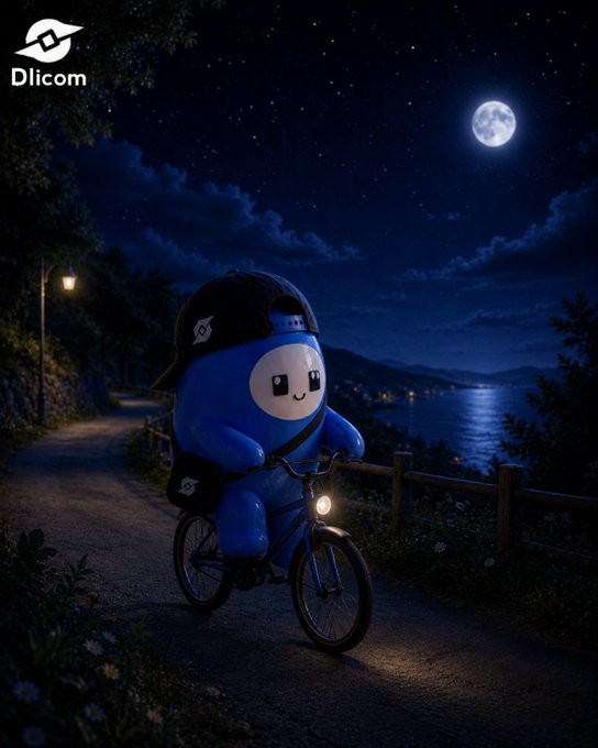 A 3D rendered blue character wearing a backward cap and messenger bag riding a bicycle at night under a full moon, with a "Dlicom" logo in the top left.