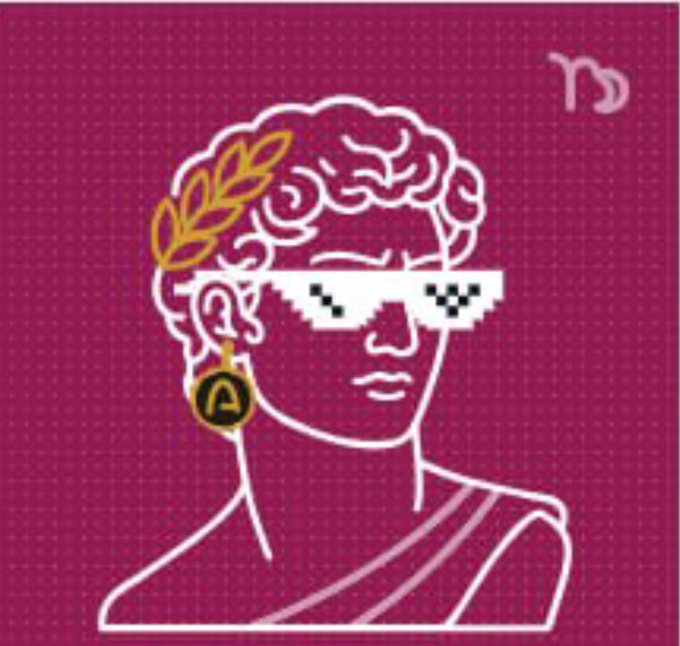 A stylized line-art illustration on a magenta background depicting a classical bust wearing pixelated 'deal with it' sunglasses and a gold laurel wreath earring.