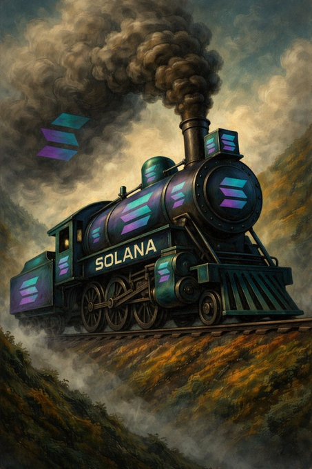 A vintage steam locomotive emblazoned with the "SOLANA" ticker and Solana's logo billows thick smoke as it powers forward through rugged terrain—visually reinforcing the post's message that Solana's momentum is unstoppable.