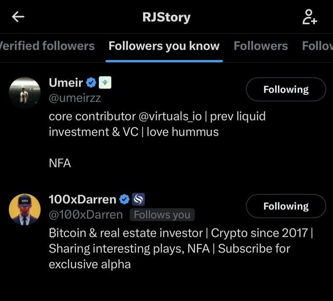 This image shows Umar (@umeirzz), a core contributor to @virtuals_io and "100xDarren" (@100xDarren) are listed under "Followers you know" on RJStory's profile, with both accounts following each other.