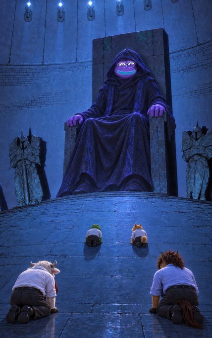 A scene from a stage play showing characters bowing before a large, hooded purple figure seated on a throne.
