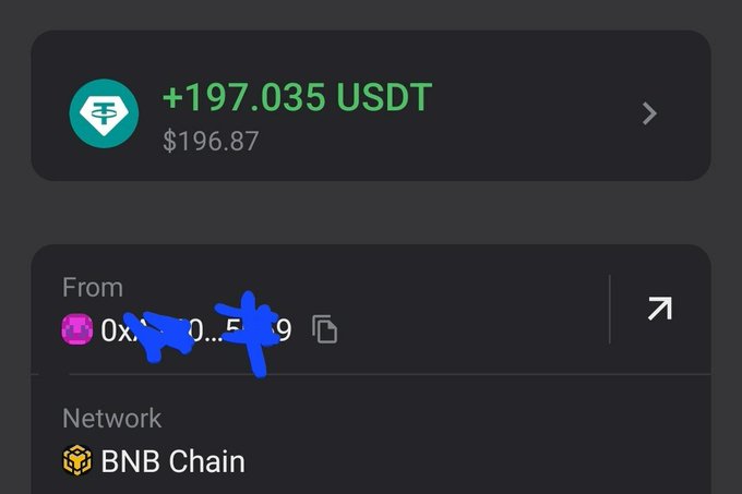 A cryptocurrency wallet interface showing a transfer of +197.035 USDT ($196.87) from a partially obscured address to another wallet, with the network set to BNB Chain.