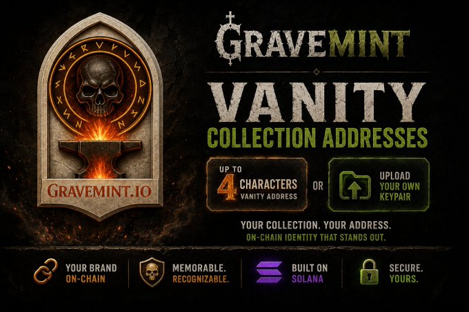 An advertisement for 'GRAVEMINT VANITY COLLECTION ADDRESSES' on GRAVEMINT.IO, featuring a skull emblem and text promoting up to 4 characters vanity address or uploading your own keypair, built on Solana.