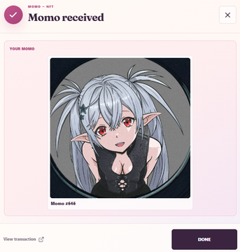 A mobile app screenshot showing a 'Momo received' notification at the top, displaying an anime-style illustration of a character with silver twin-tails and red eyes, labeled 'Momo #445', with a 'DONE' button at the bottom.