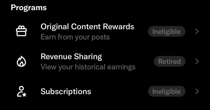 A settings menu showing three program options: 'Original Content Rewards - Earn from your posts (Ineligible)', 'Revenue Sharing - View your historical earnings (Retired)', and 'Subscriptions (Ineligible)'.