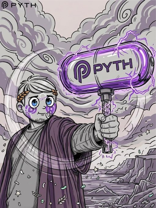 An illustration of a character in a purple robe holding a glowing purple "PYTH" branded hammer, surrounded by clouds and lightning.
