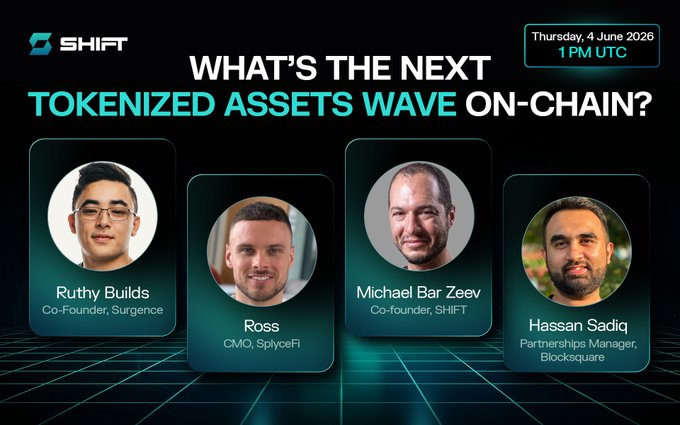 The image features four men with different facial expressions, all wearing glasses, standing against a black background. They are positioned at various angles within the frame, creating an interesting composition that draws attention to their faces. The text "What's the next tokenized assets wave on-chain?" is displayed in white letters above them, and it appears to be part of a larger conversation about tokenization and building markets around it.