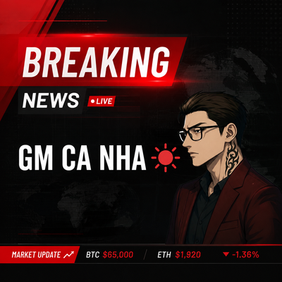 A 'BREAKING NEWS LIVE' broadcast template featuring an animated man in glasses and a red suit jacket, with a market ticker at the bottom showing 'BTC $65,000', 'ETH $1,920', and a red downward trend of '-1.36%'.