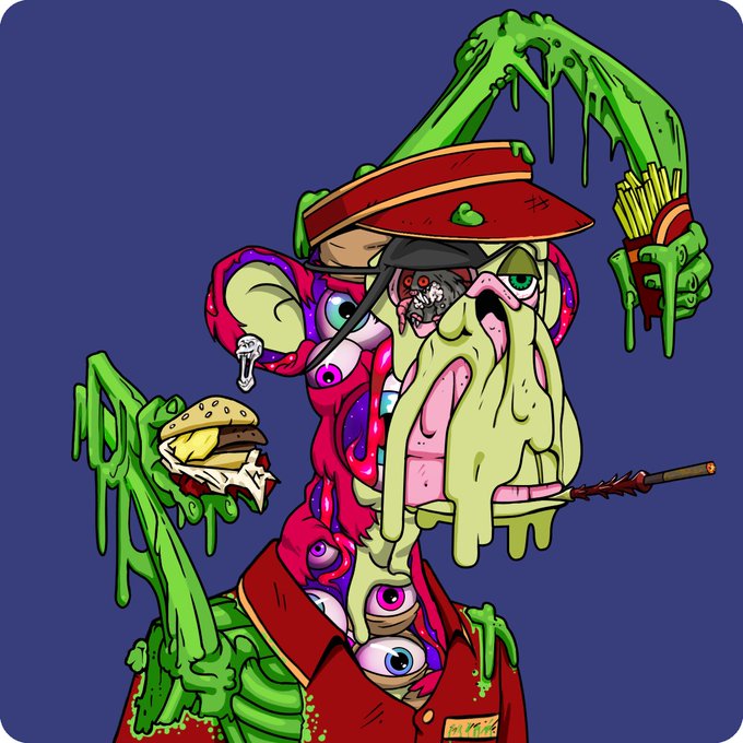 Grotesque cartoon illustration of a slime-covered fast-food worker holding a burger, fries, and a mop with multiple eyeballs and a rat on their face.