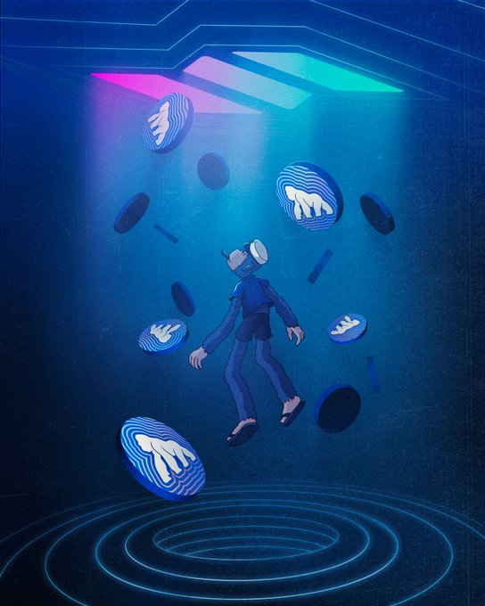 The image features a man wearing blue jeans, standing in front of a blue background with circles floating around him. There are also blue coins scattered throughout the scene. The caption reads "AI Agents are coming for your $APE on Solana." This suggests that there might be an AI agent or virtual currency exchange happening within the digital space depicted in the image.