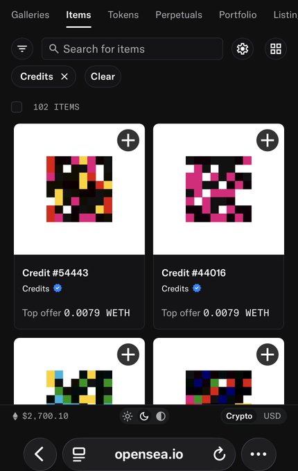 Screenshot of OpenSea's mobile interface displaying pixelated 'Credits' NFTs (Credit #54443 and Credit #44016) with top offers of 0.0079 WETH, showing a portfolio value of $2,700.10.