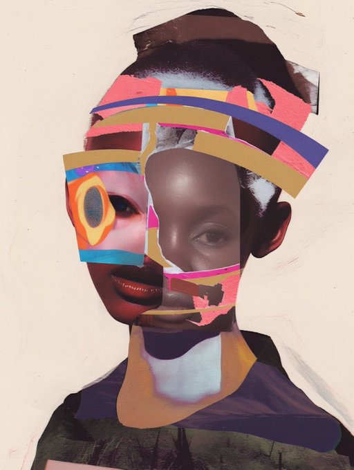 An abstract collage-style portrait of a Black woman featuring torn paper elements, colorful geometric shapes in pink, yellow, and blue overlapping her face against a cream background.