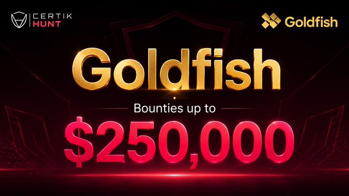 Promotional banner featuring the Goldfish token logo alongside CertiK Hunt branding, announcing 'Bounties up to $250,000' in gold and red neon-style typography on a dark background.