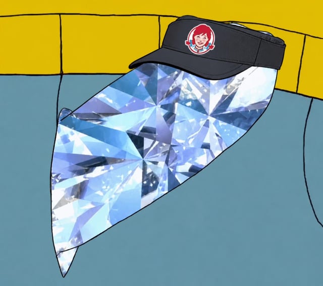 A black visor with a Wendy's logo floats above a large sparkling diamond in front of a blue and yellow background.